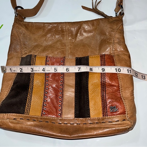 the SAK Tan camel orange brown Multi Leather STRIPED studded crossbody 10x11” L - Picture 15 of 16
